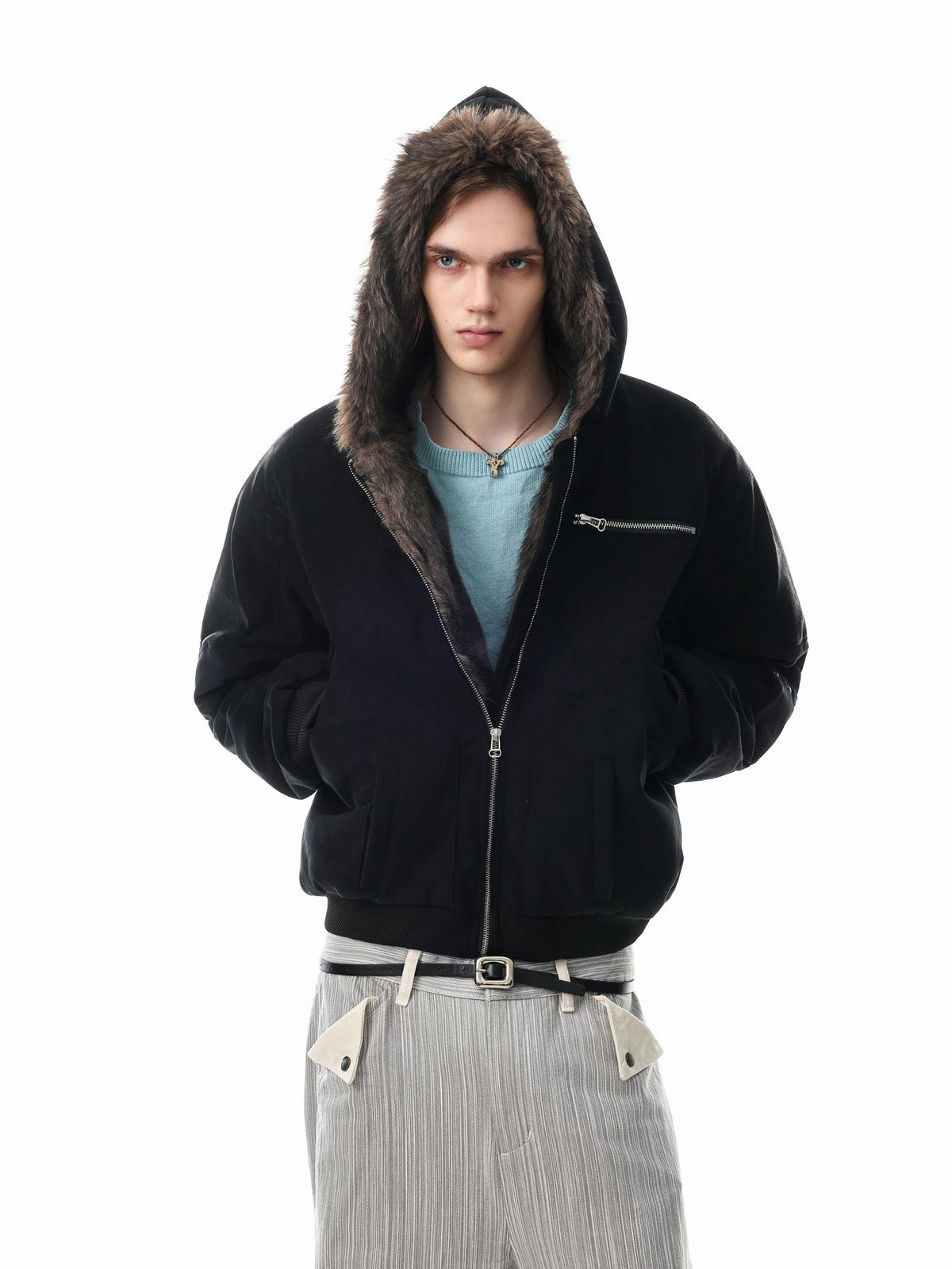 Black padded hooded bomber jacket with faux fur-lined hood and silver zip hardware, front and back view