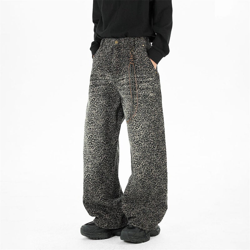 Leopard Print Wide-Leg Jeans – Vintage Washed Oversized Baggy Denim Pants