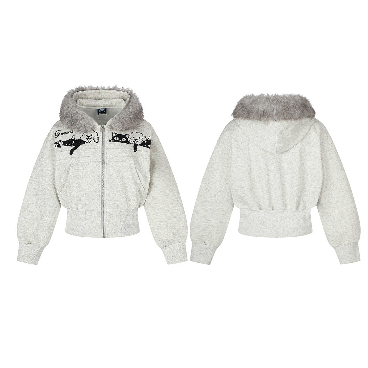 Sweat à capuche zippé brodé chat avec col en fausse fourrure – Style bomber court