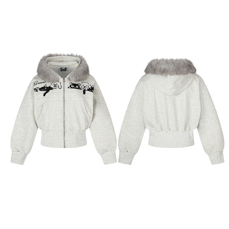 Sweat à capuche zippé brodé chat avec col en fausse fourrure – Style bomber court