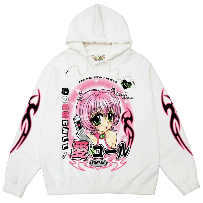 The Seakoff Y2K Aesthetic Anime Hoodie features a kawaii design with a pink-haired, green-eyed character holding a phone. This white pullover, adorned with text and sleeve graphics, perfectly blends retro and modern styles.