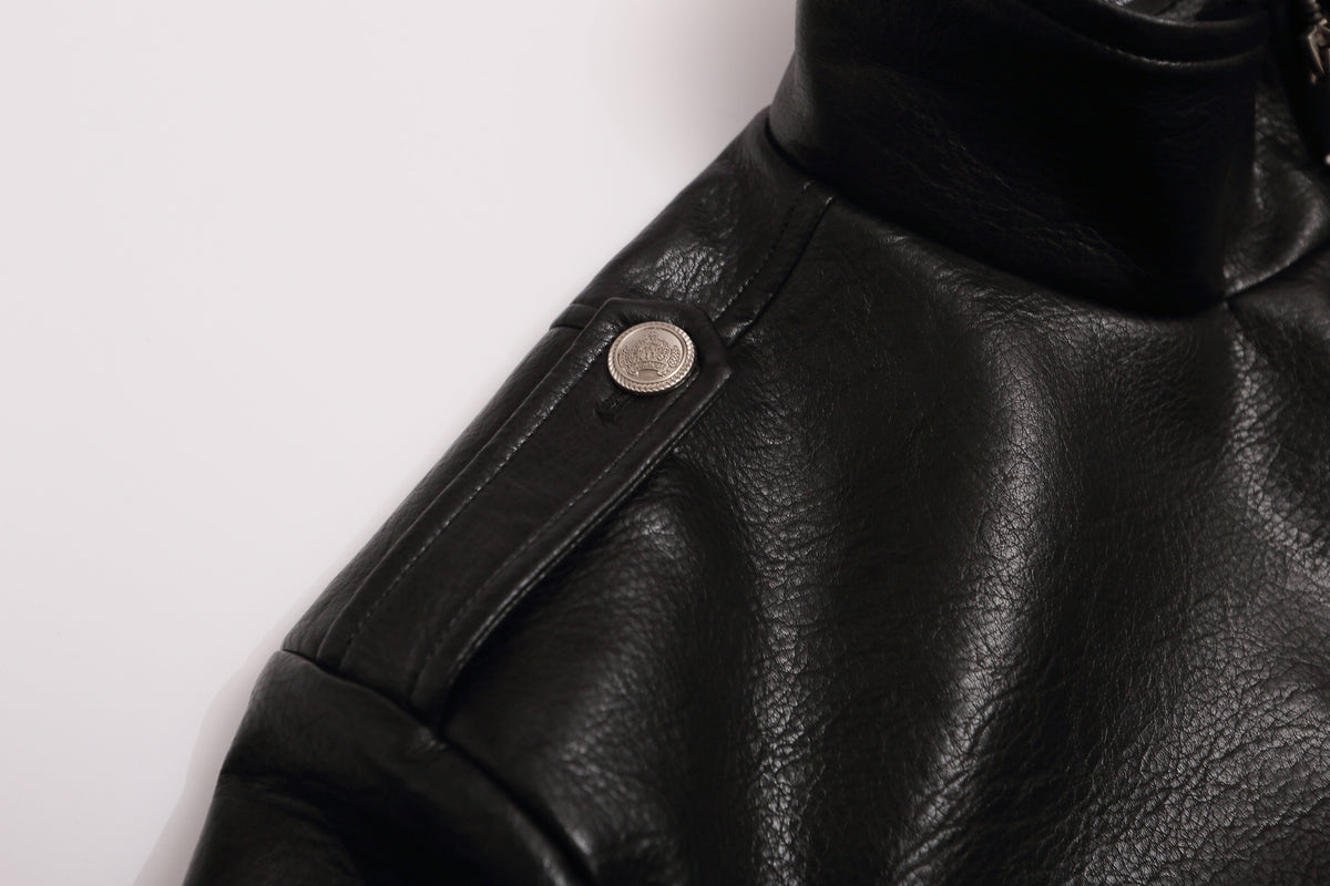 Black PU Leather Moto Jacket – Zip-Up Bomber with Stand Collar & Silver Hardware