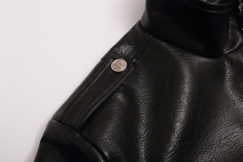 Black PU Leather Moto Jacket – Zip-Up Bomber with Stand Collar & Silver Hardware