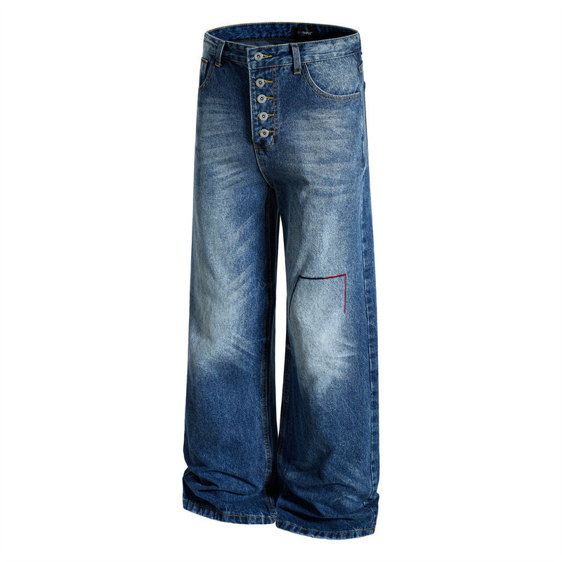 Baggy-Jeans mit weitem Bein – Knopfleiste, gewaschenes Dunkelblau, gerader High-Street-Schnitt