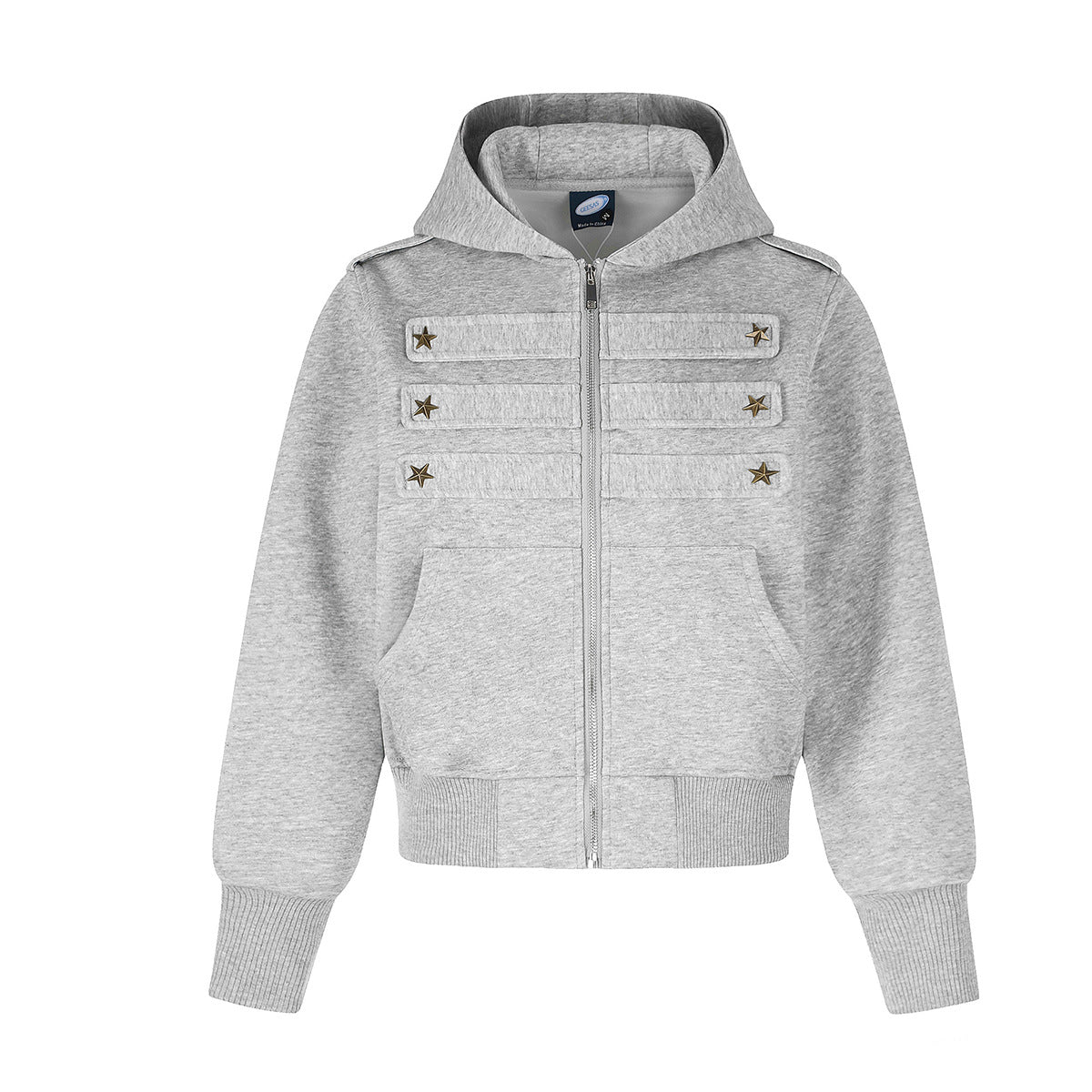 Military-Style Zip-Up Hoodie Jacket with Star Studs & Camo Print