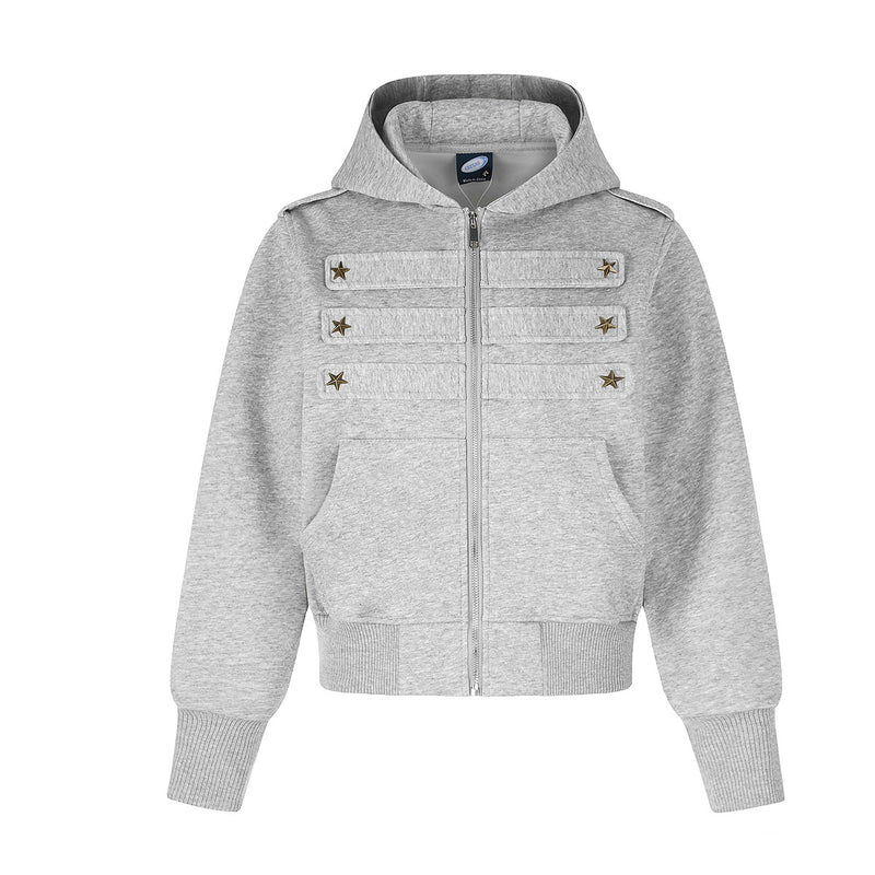 Military-Style Zip-Up Hoodie Jacket with Star Studs & Camo Print