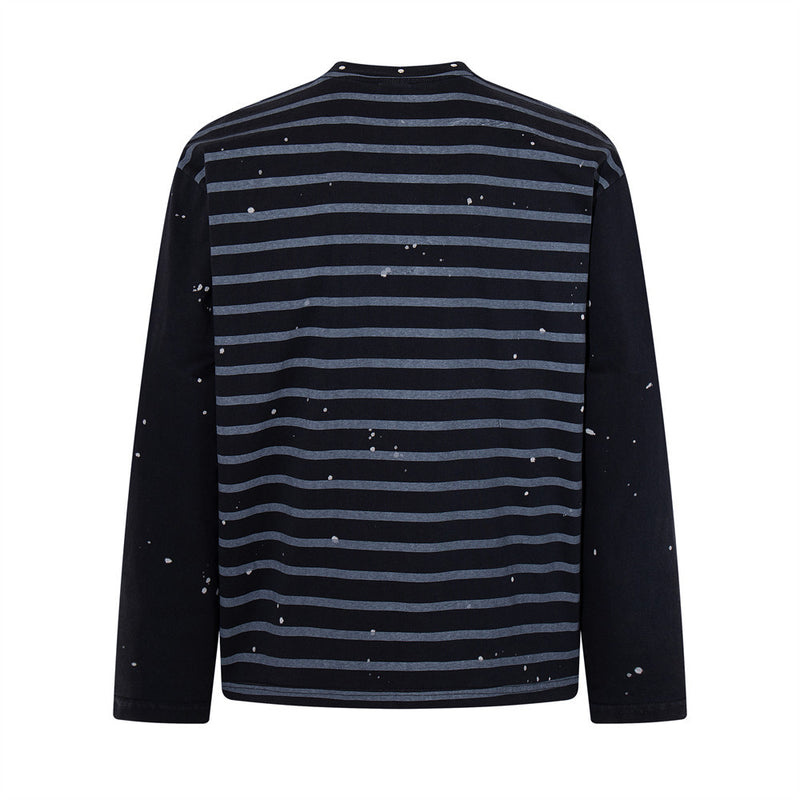 Oversized T-Shirt Men Striped Long Sleeve Paint-Splatter Script Logo Tee
