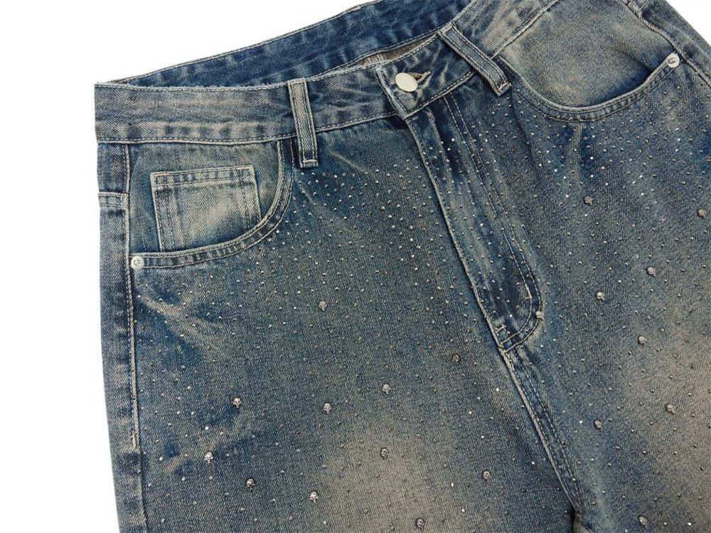 Wide-Leg Jeans Men – Vintage Wash Rhinestone Straight-Fit Denim