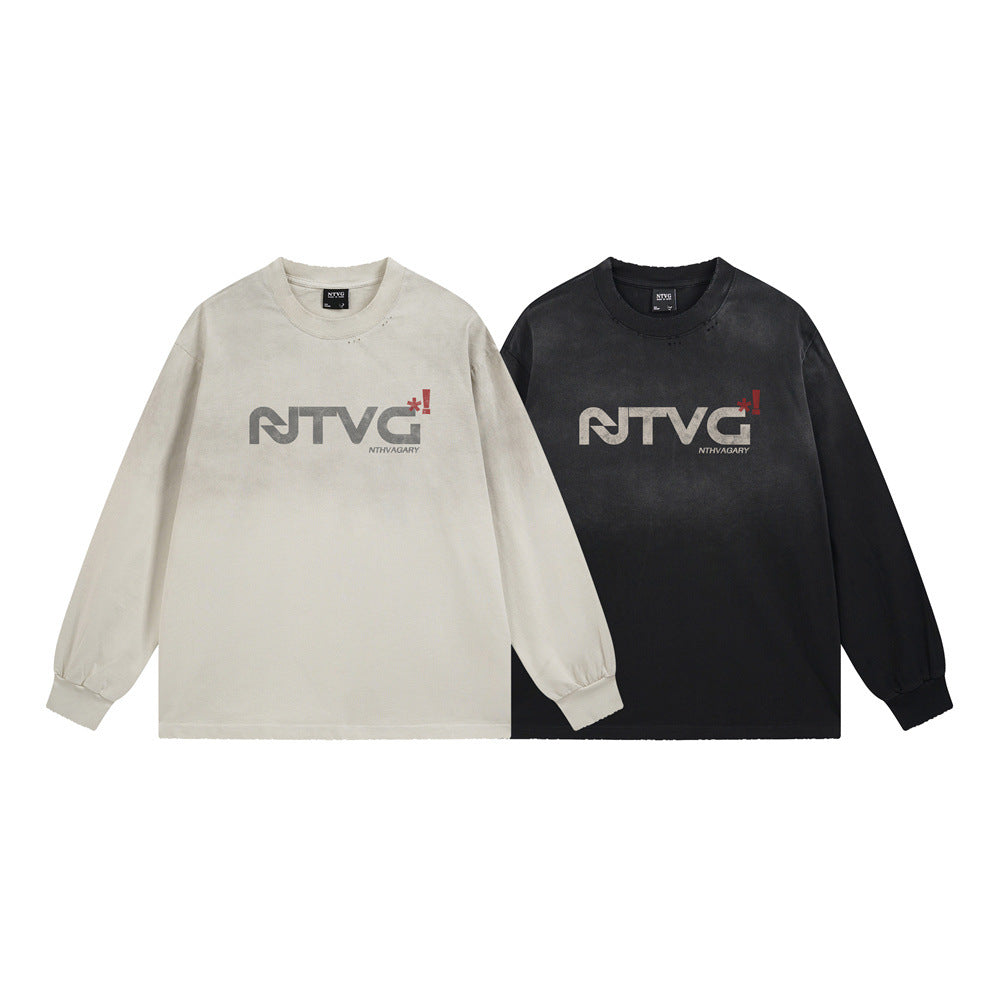 NTVG acid wash long sleeve graphic T-shirt with distressed logo print in washed black and apricot colorways