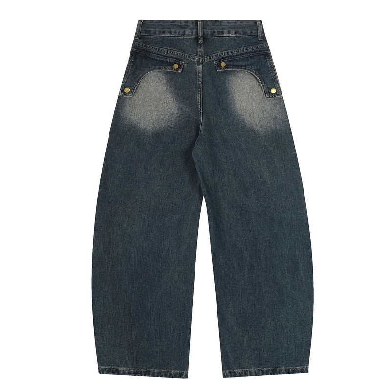 Baggy Jeans with Celestial Embroidery, Raw-Edge Seam & Wide Leg — Unisex Vintage