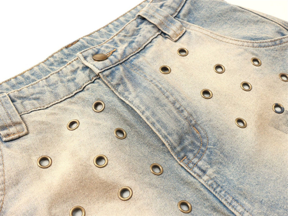 Men's Distressed Wide-Leg Jeans with Chaotic Embroidery & Metal Eyelet Detail