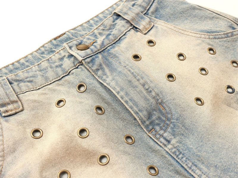 Men's Distressed Wide-Leg Jeans with Chaotic Embroidery & Metal Eyelet Detail