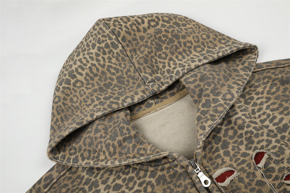 Leopard Print Zip-Up Hoodie with Distressed Letter Embroidery