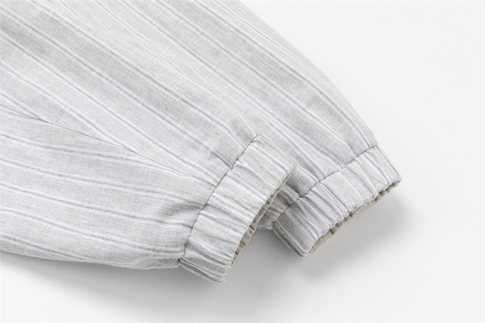 Reversible Stand Collar Zip Jacket – Cream & Pinstripe Oversized Fit