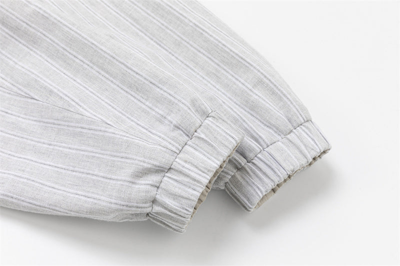 Reversible Stand Collar Zip Jacket – Cream & Pinstripe Oversized Fit