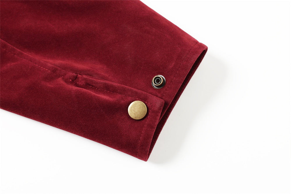 Velvet Zip-Up Jacket – Vintage Cross & Figure Print, Contrast Collar
