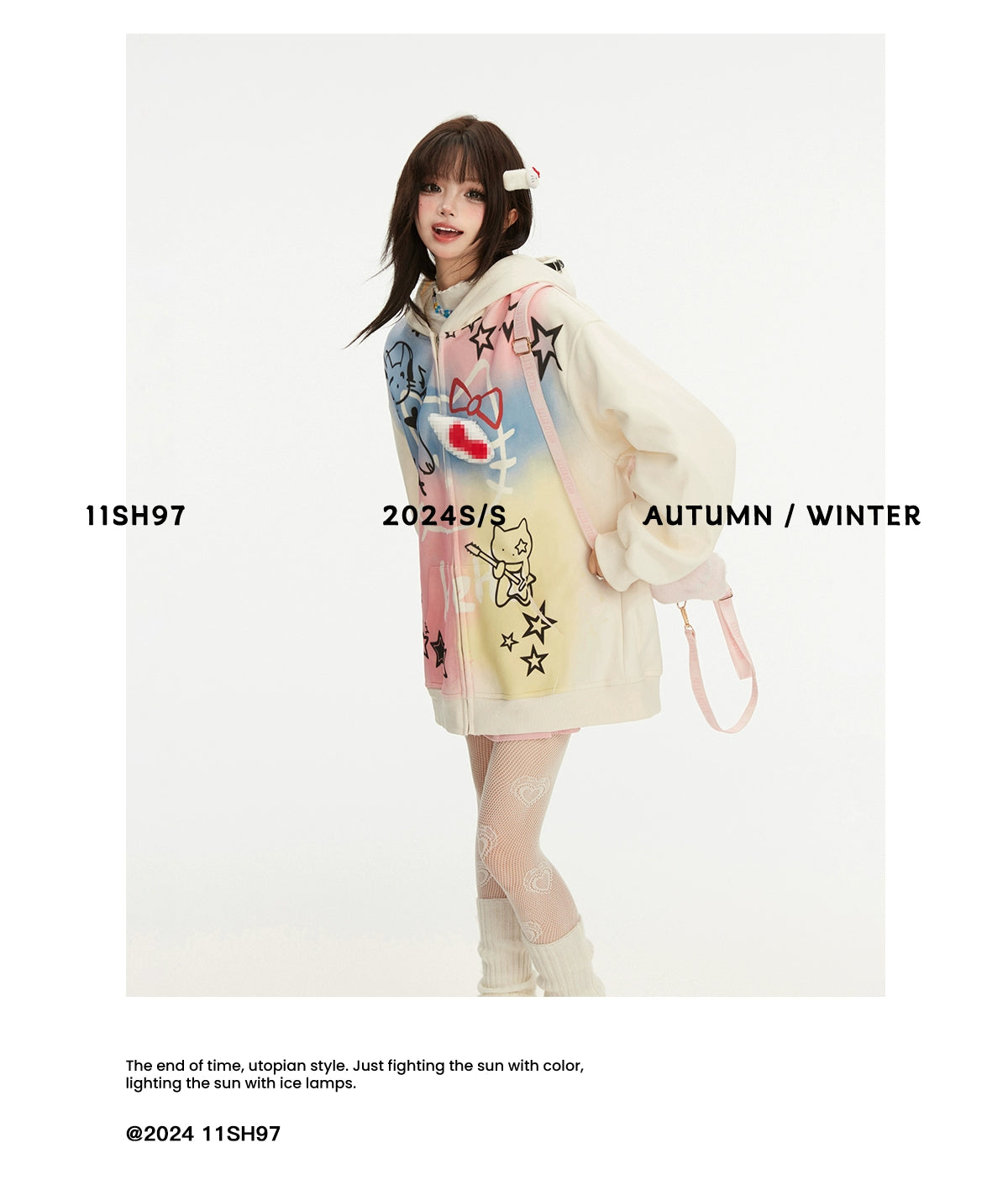 A person in a Seakoff Pastel Cat Graffiti Hoodie pairs it with patterned stockings and leg warmers against a plain backdrop. Text on the image reads &quot;11SH97 2024 S/S Autumn/Winter.