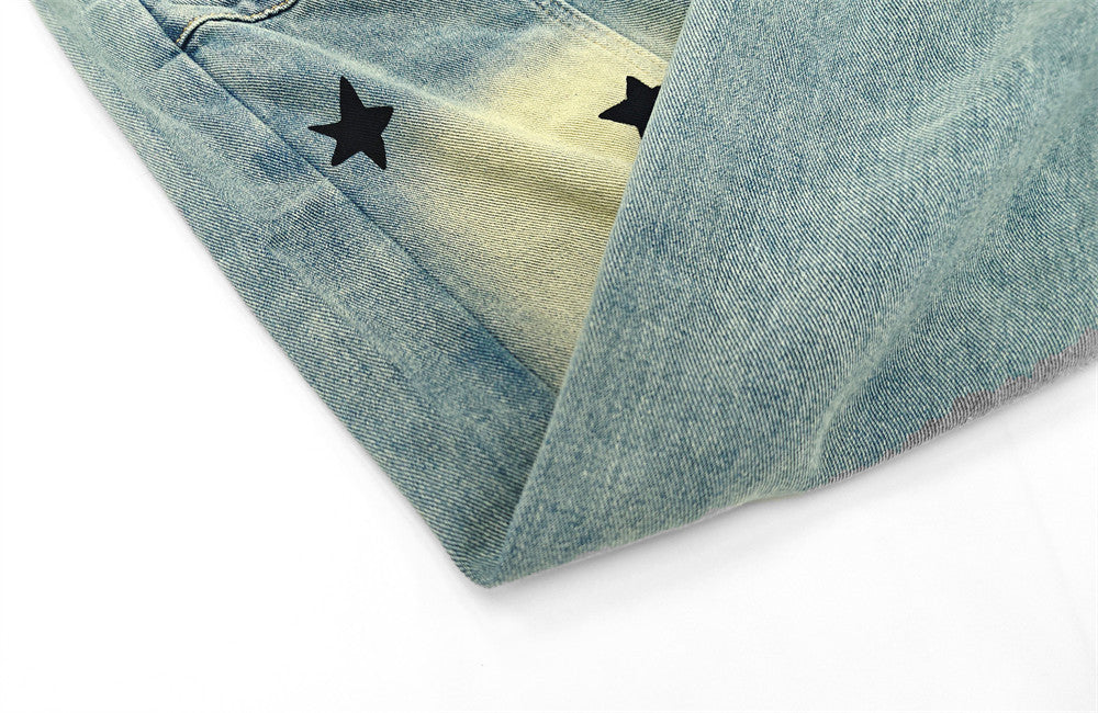 Star Print Distressed Wide Leg Jeans – Asymmetric Cargo Pocket Washed Denim