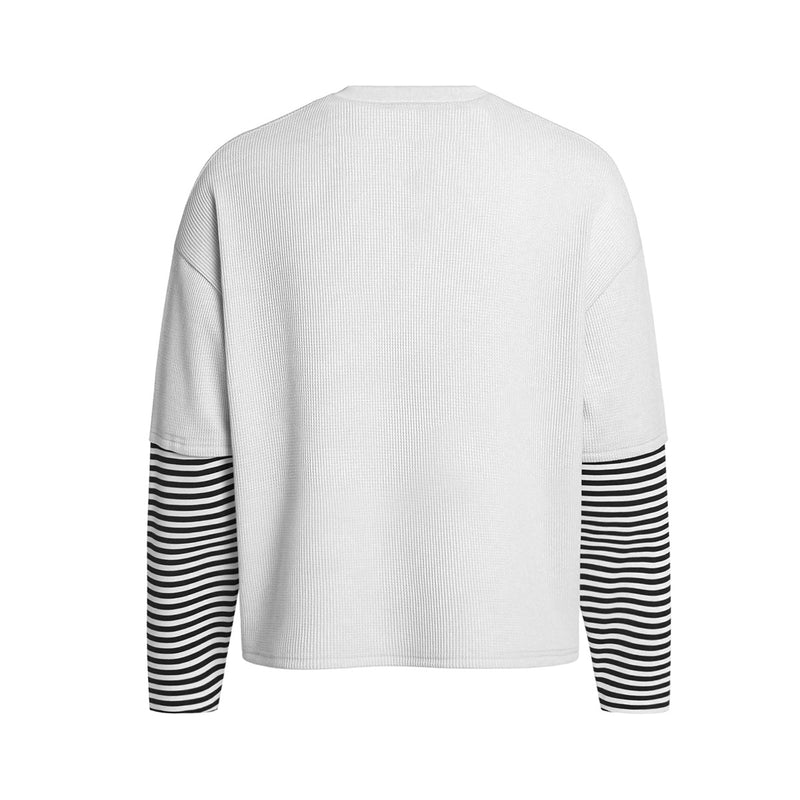 Long Sleeve Faux-Layered Graphic Shirt with Black & White Striped Sleeves