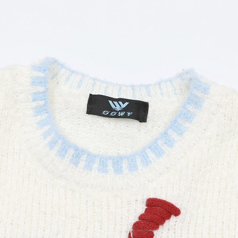 Cartoon Jacquard Crewneck Knit Sweater with Fringe Detail