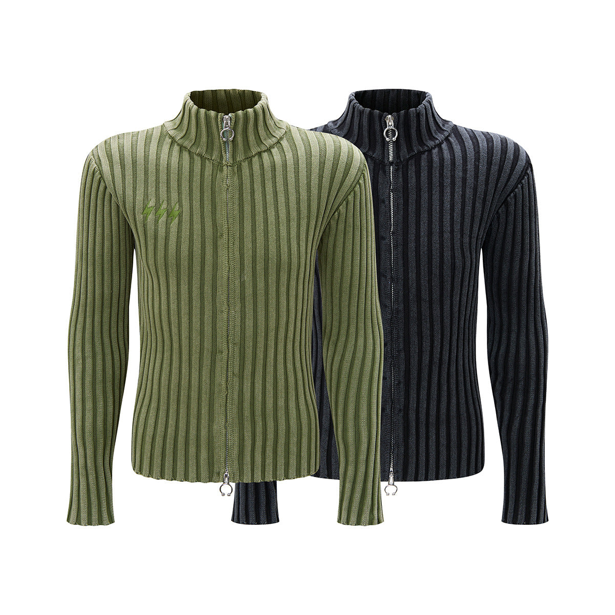 Ribbed Knit Mock-Neck Full-Zip Cardigan Sweater with Lightning Bolt Embroidery