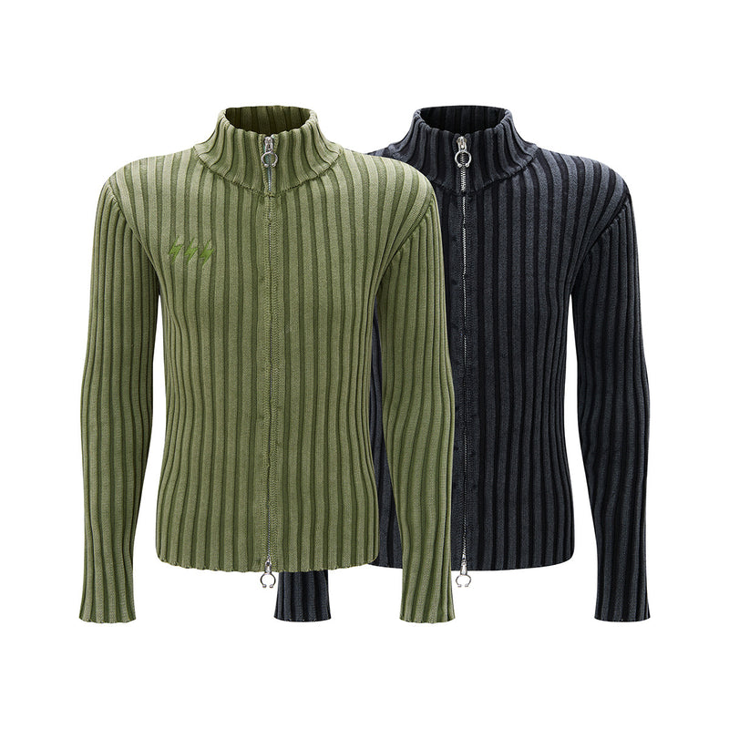 Ribbed Knit Mock-Neck Full-Zip Cardigan Sweater with Lightning Bolt Embroidery