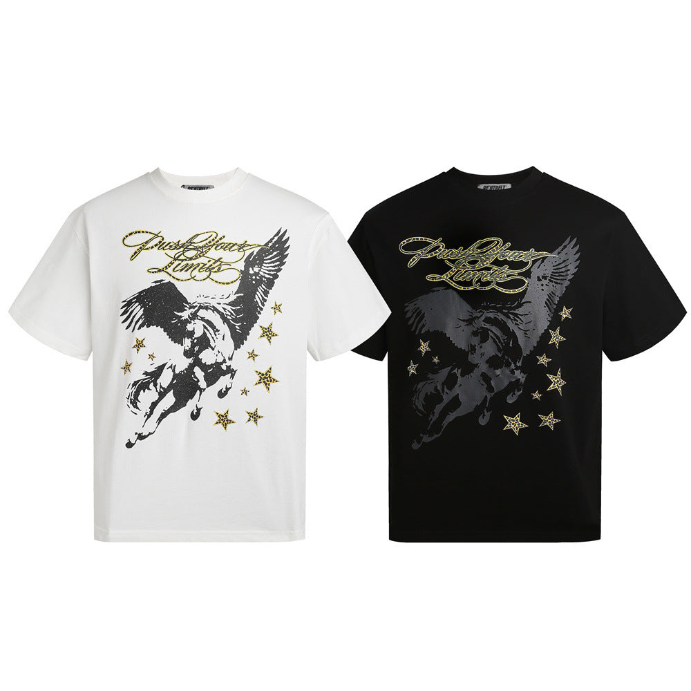 White and black graphic tee with Pegasus wings and gold stars print, front views