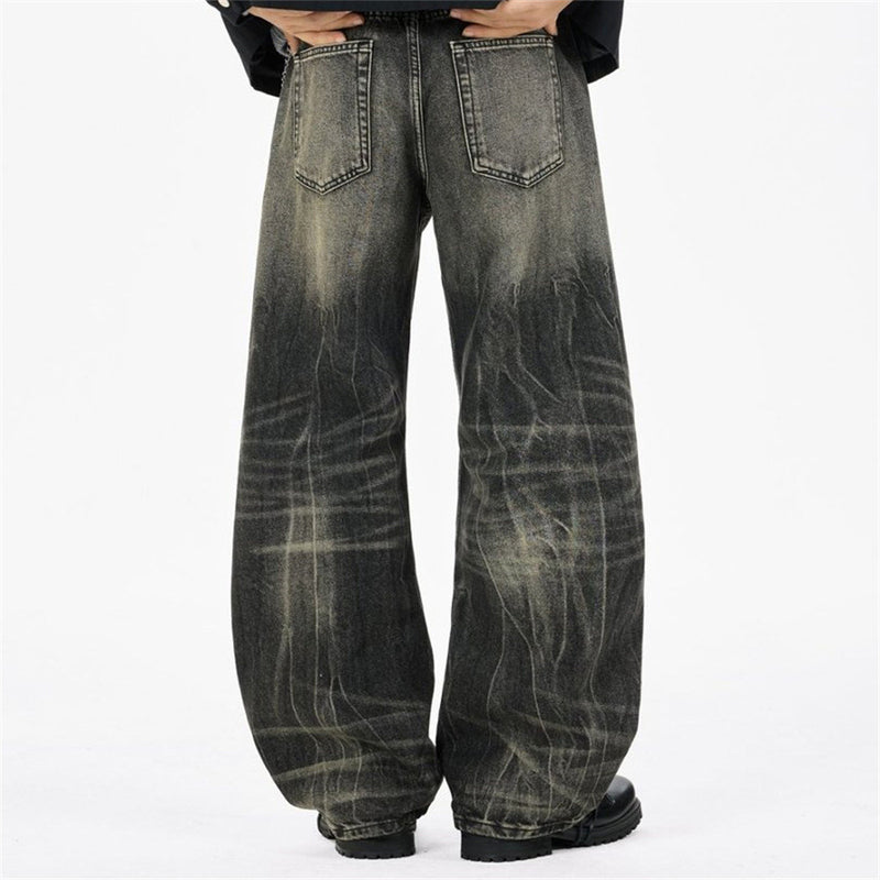 Baggy Straight Leg Jeans – Men's Vintage Washed Distressed Black Wide-Leg Denim