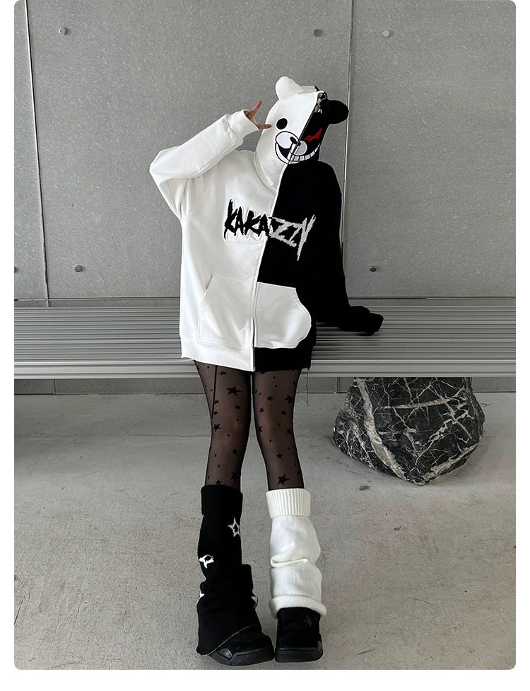 Monokuma-Inspired Hoodie - 400GSM Oversized Black and White Zip-Up Danganronpa Sweatshirt