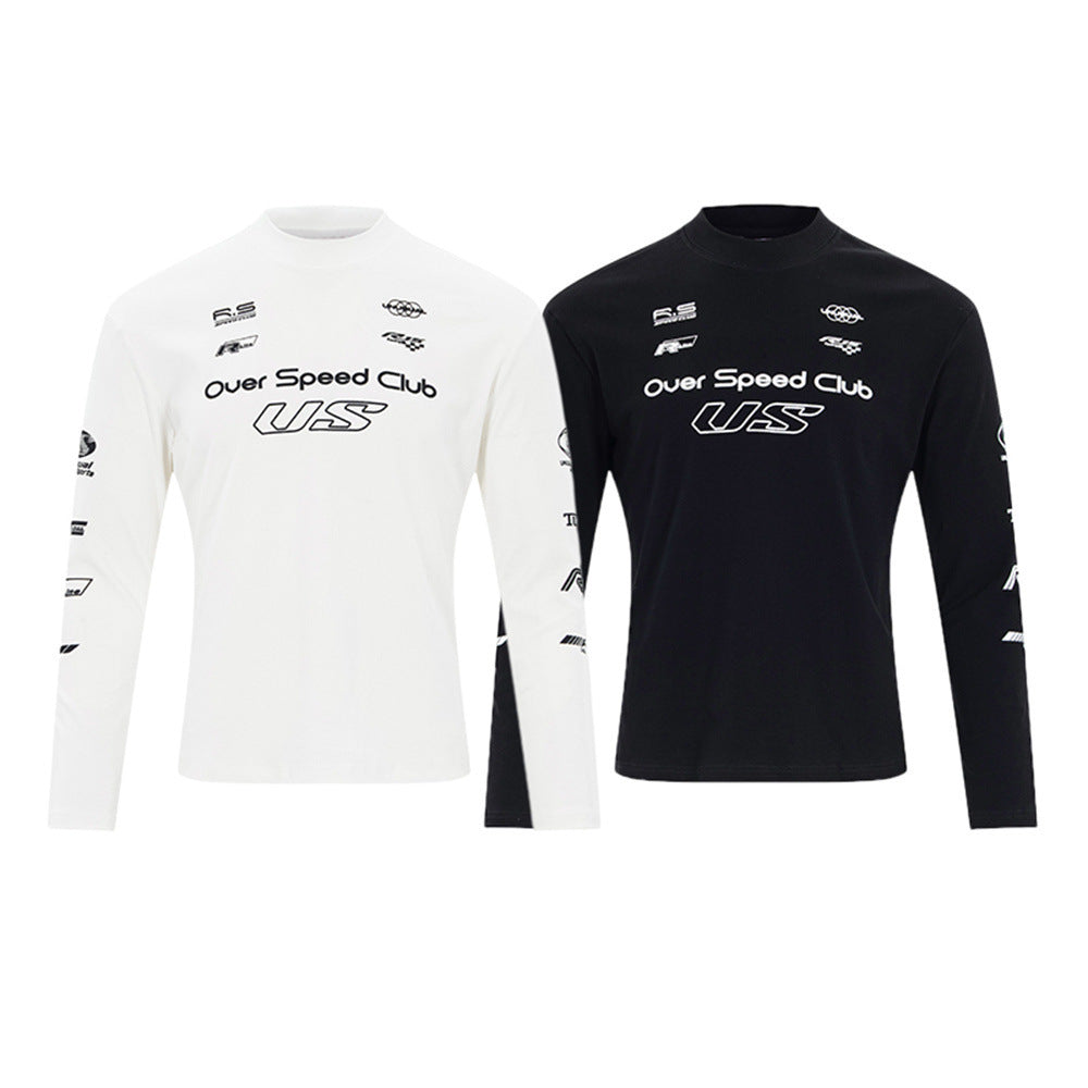 Over Speed Club Long Sleeve Graphic Tee – Mock Neck Racing Print Shirt