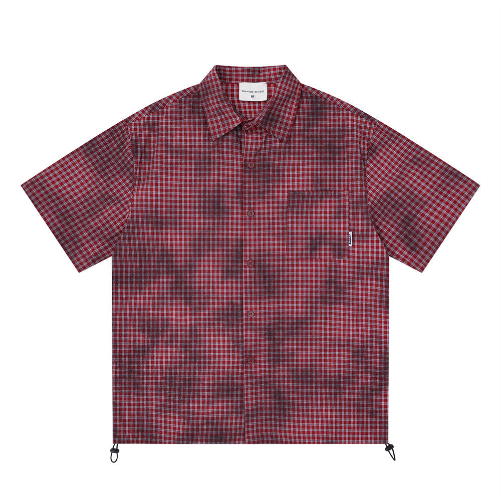 Men's Short Sleeve Shirt – Plaid Tie-Dye Washed Check with Drawstring Hem