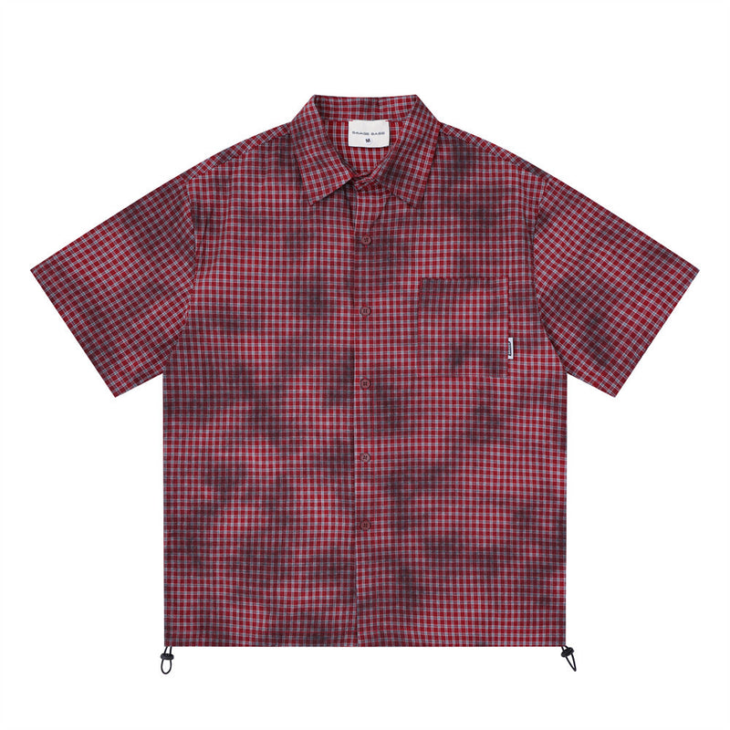 Men's Short Sleeve Shirt – Plaid Tie-Dye Washed Check with Drawstring Hem