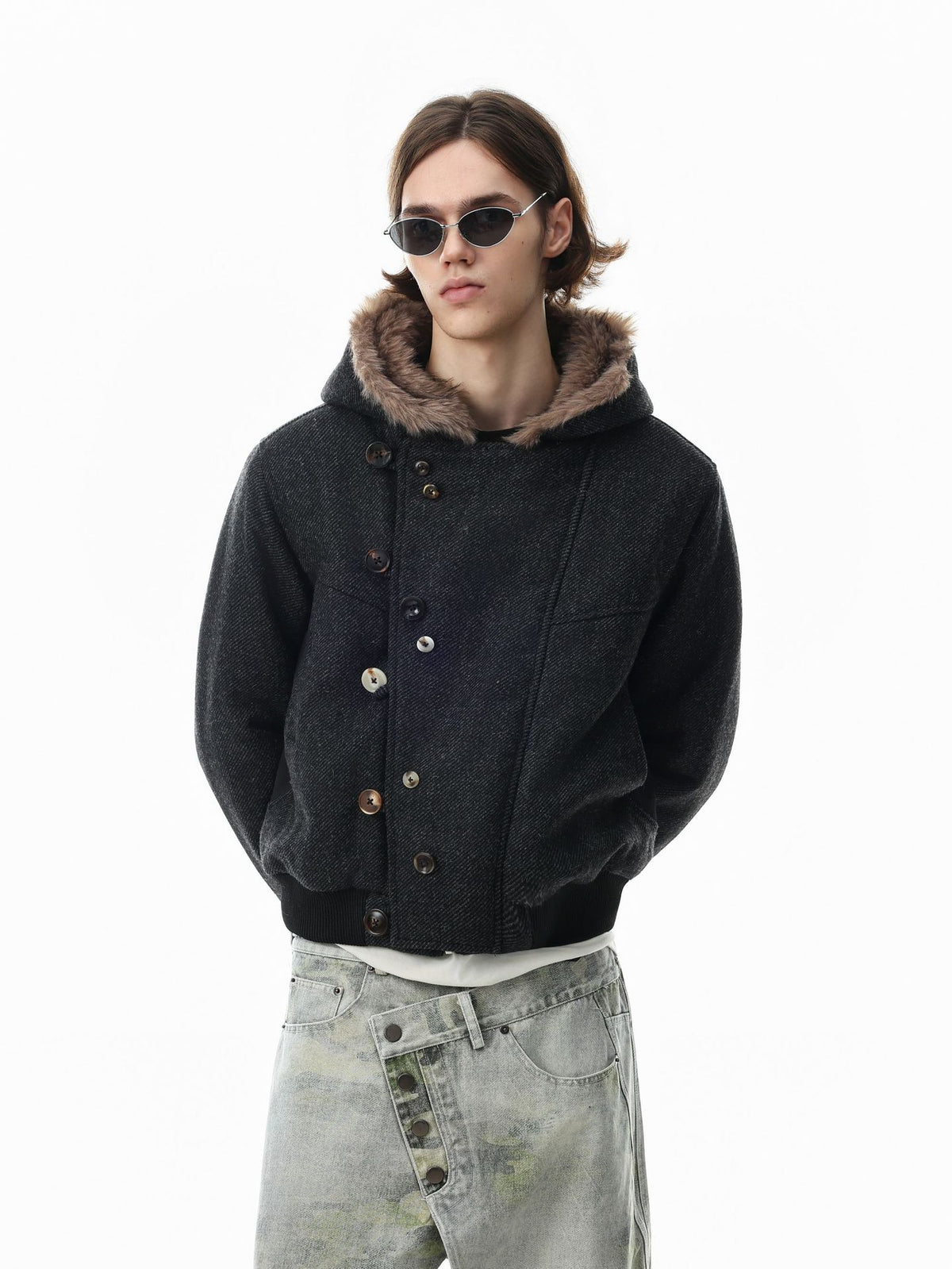 Hooded Bomber Jacket with Faux Fur Trim & Double-Button Front