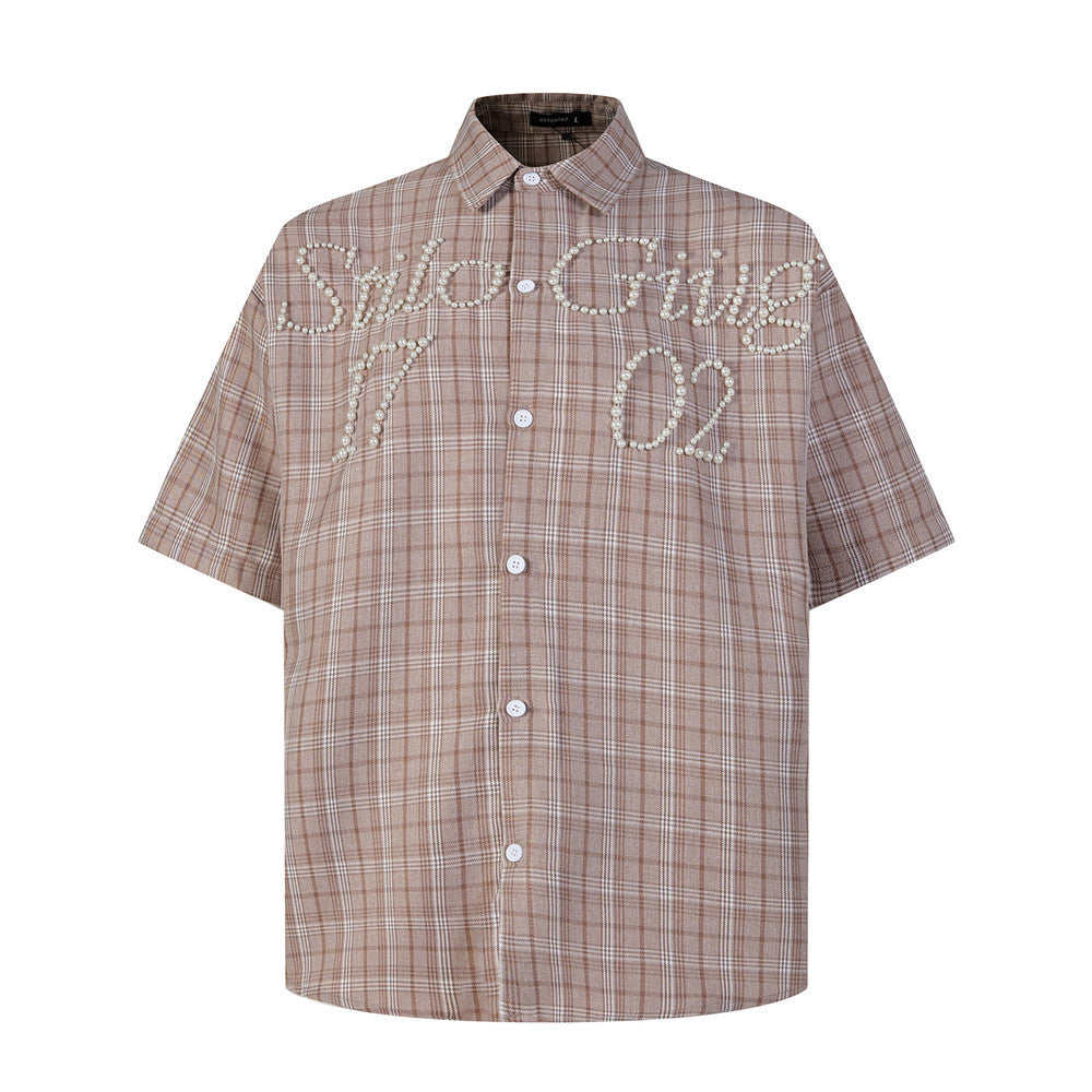 Oversized Plaid Short Sleeve Shirt with Pearl Bead Script Detail