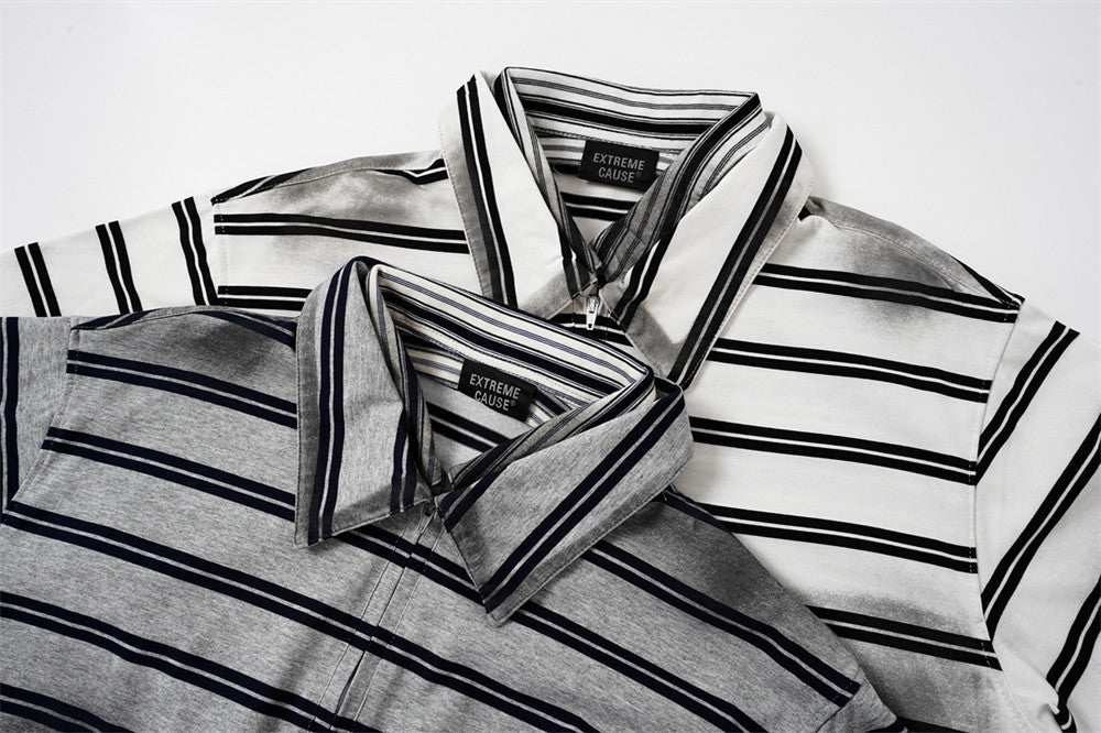 Oversized Striped Polo Shirt – Half-Zip Collar Short Sleeve Tee