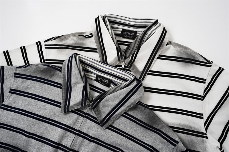 Oversized Striped Polo Shirt – Half-Zip Collar Short Sleeve Tee