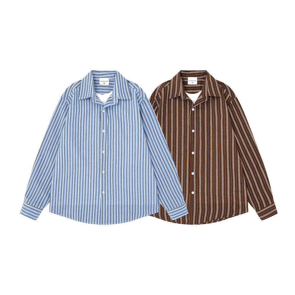 Blue and brown striped long sleeve camp collar shirts shown front view