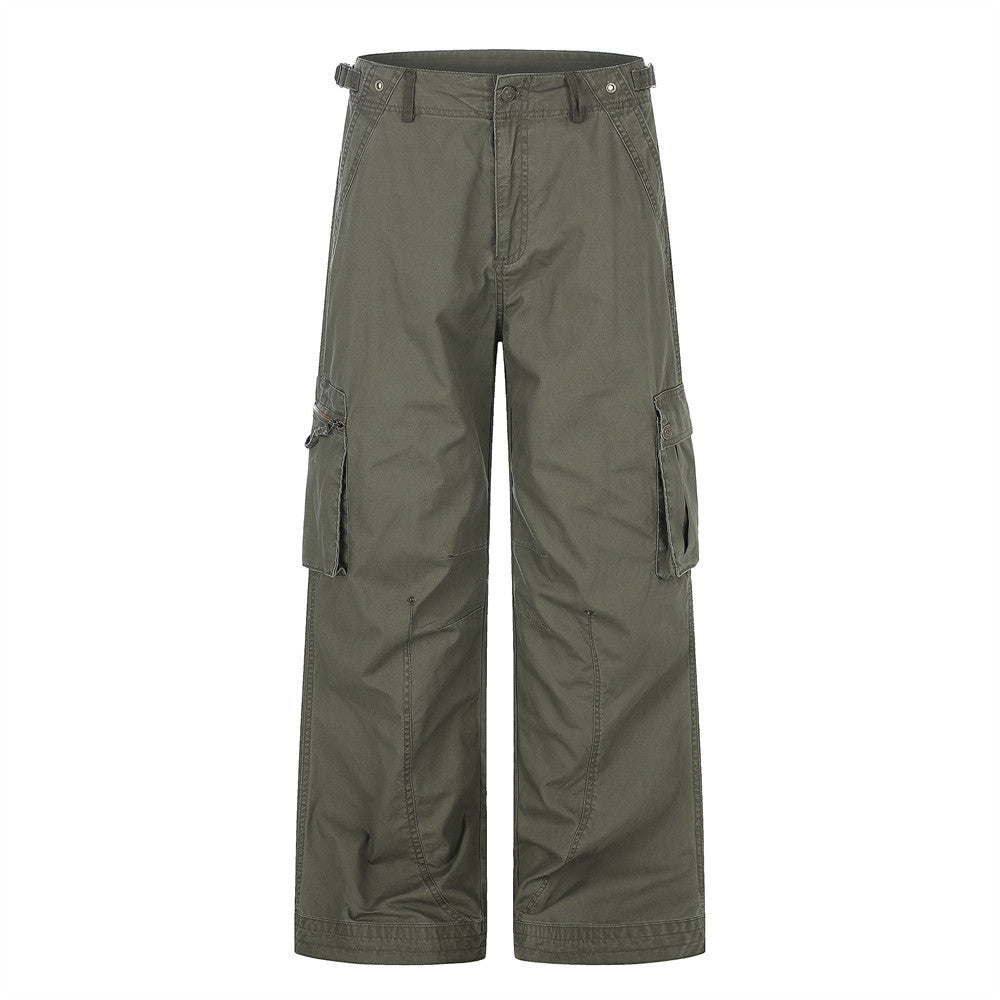 Wide-leg multi-pocket cargo pants in army green with flap pockets and adjustable waistband