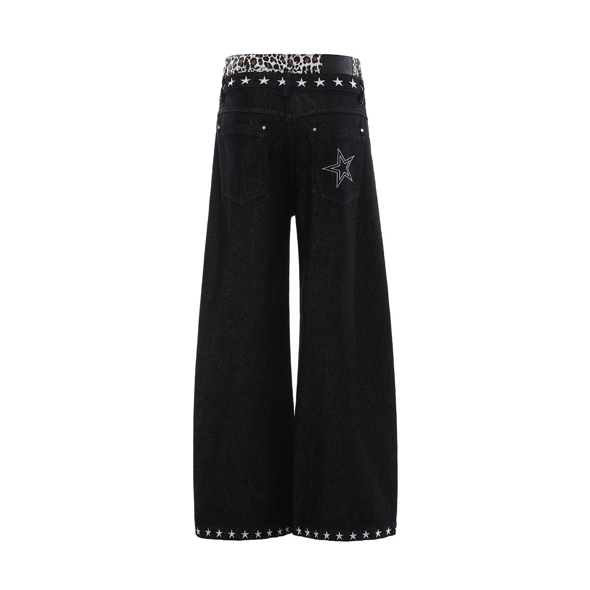 Baggy Wide-Leg Jeans with Star Embroidery & Leopard Waistband – Black