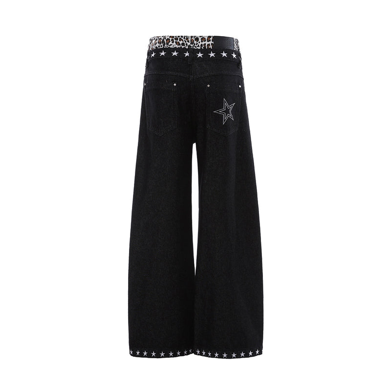 Baggy Wide-Leg Jeans with Star Embroidery & Leopard Waistband – Black