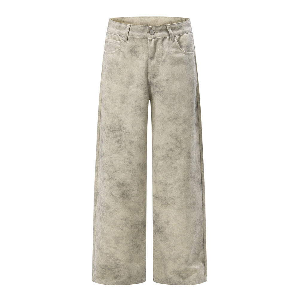 Pantalon homme droit à jambes larges en kaki délavé à l’acide et effet usé, coupe décontractée et poches plaquées, vues avant et arrière