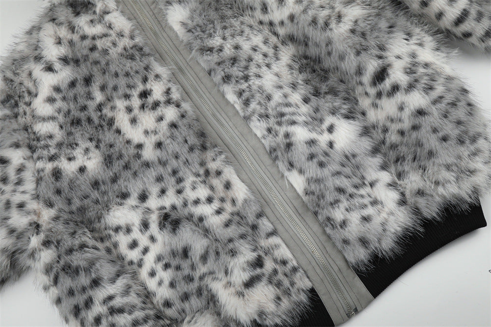 Faux Fur Leopard Print Bomber Jacket – Men's Oversized High-Collar Winter Coat