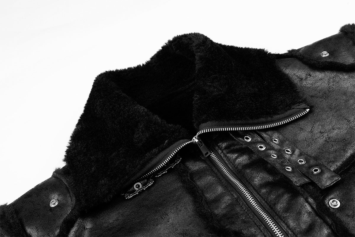 Black Faux Leather Bomber Jacket with Shearling Lining & Moto Hardware