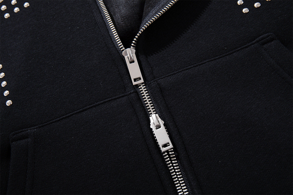 Black Zip-Up Hoodie with Faux Fur Hood & Silver Cross Studs