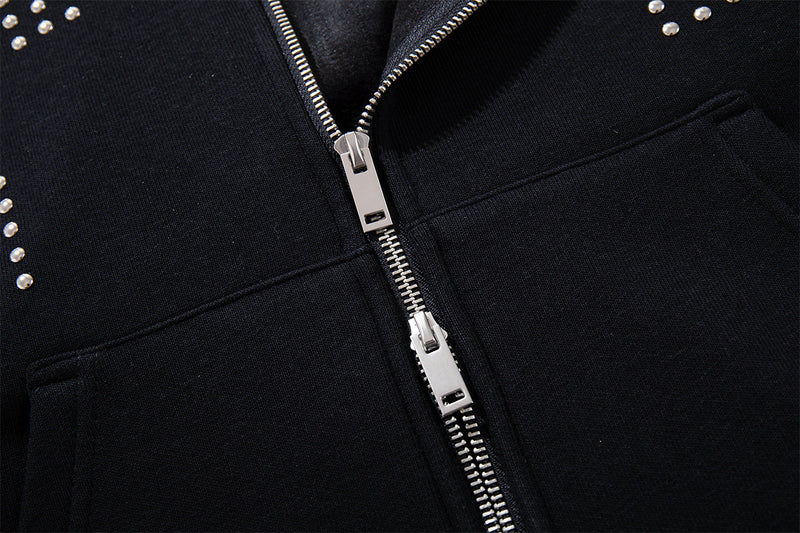 Black Zip-Up Hoodie with Faux Fur Hood & Silver Cross Studs