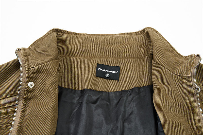 Vintage Workwear Denim Jacket – Stand Collar, Zip Chest Pockets & Oversized Fit