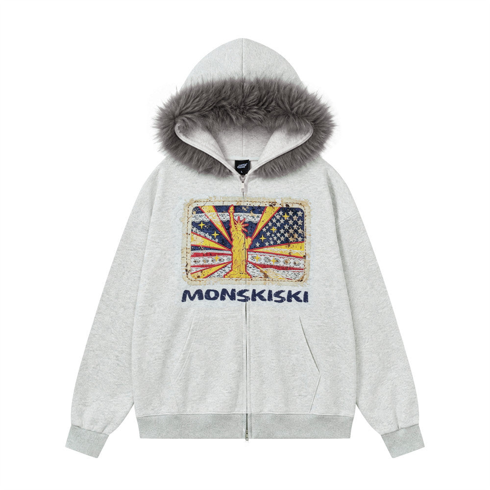 Sweat à capuche zippé oversize avec bordure en fausse fourrure et Statue de la Liberté vintage