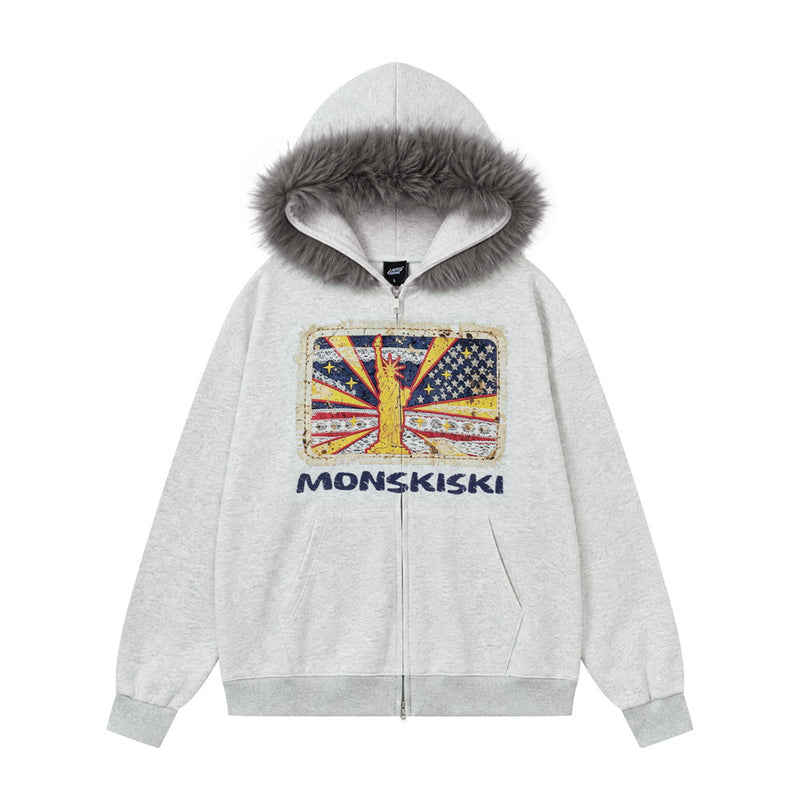 Sweat à capuche zippé oversize avec bordure en fausse fourrure et Statue de la Liberté vintage