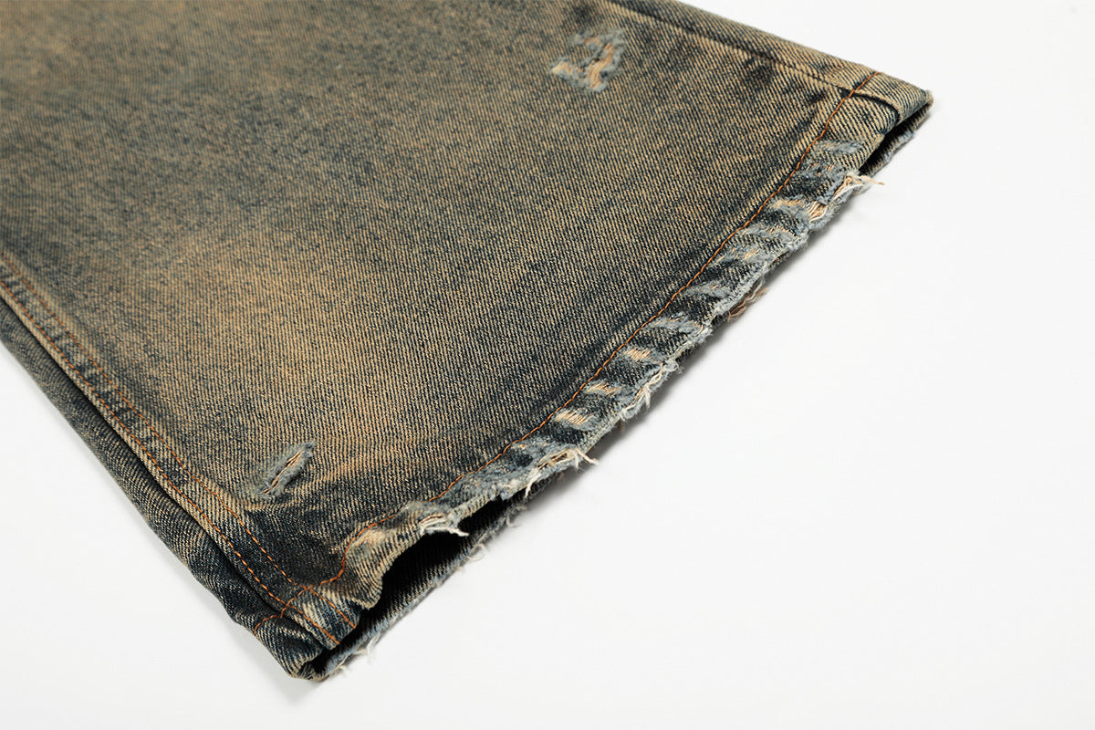 Distressed Straight-Leg-Jeans – Vintage-Washed-Ripped-Denim mit Dirty-Dye