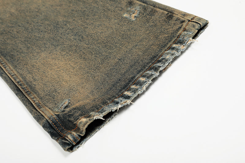Distressed Straight-Leg-Jeans – Vintage-Washed-Ripped-Denim mit Dirty-Dye